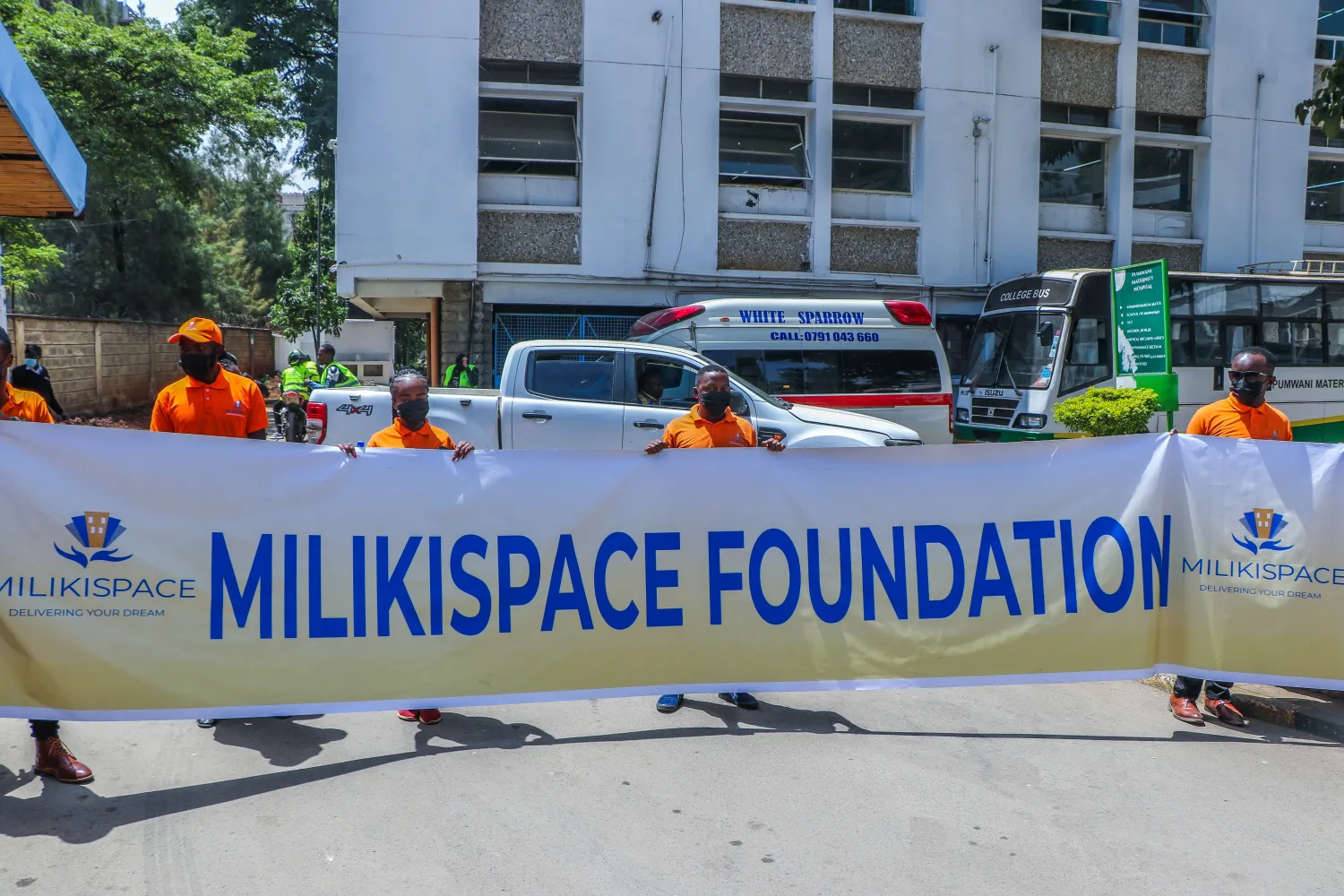 The MilikiSpace Foundation banner arriving at the hospital