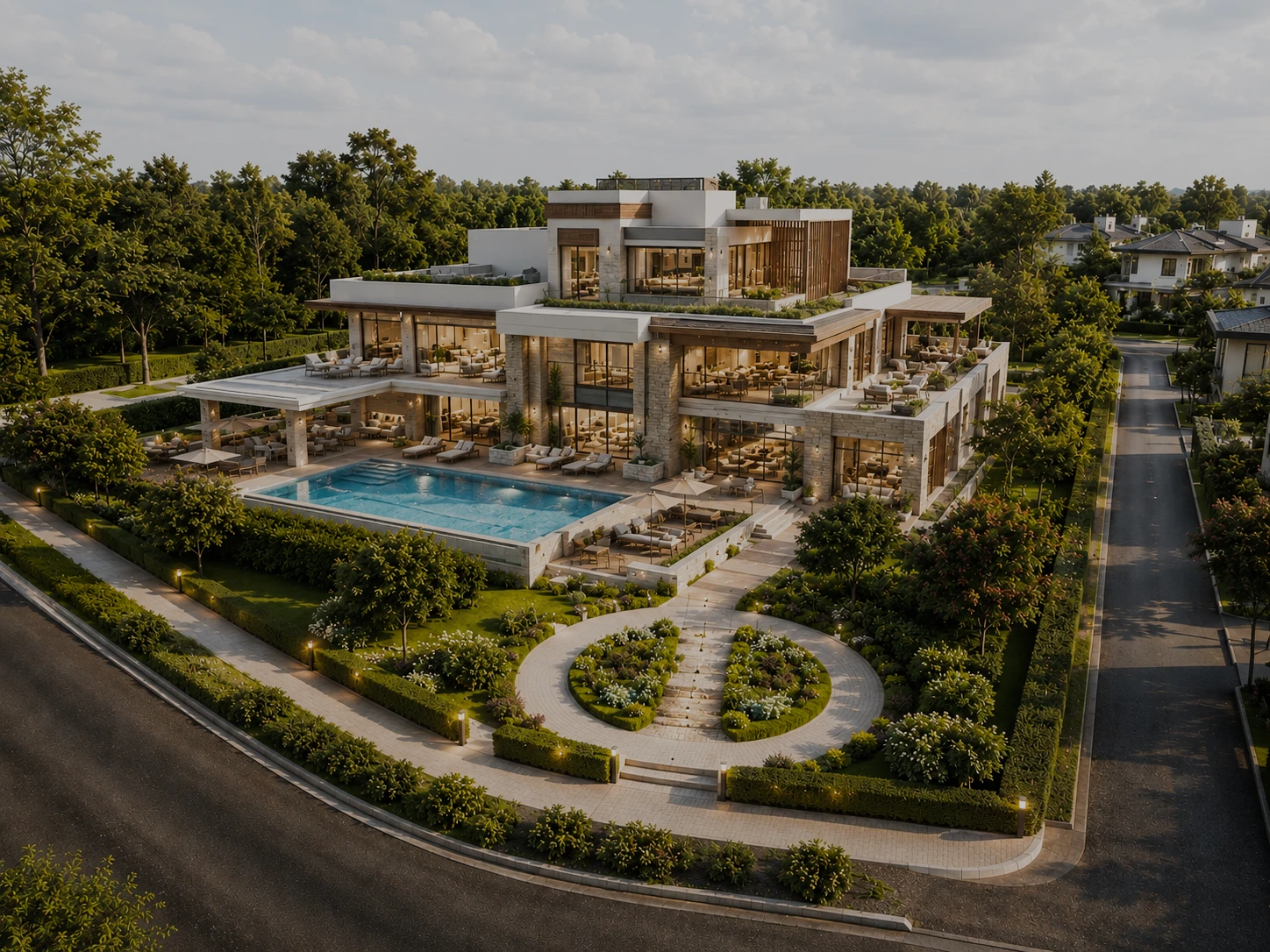 The Manor Ridge members' clubhouse, pool and gardens from above, concept render