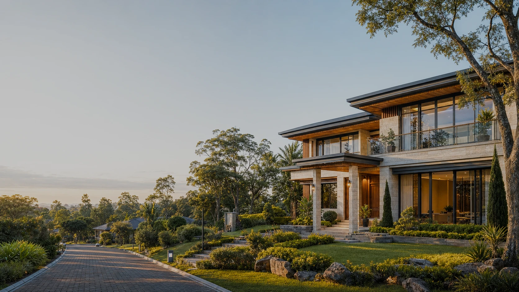 A ridge-line residence at golden hour above the estate avenue