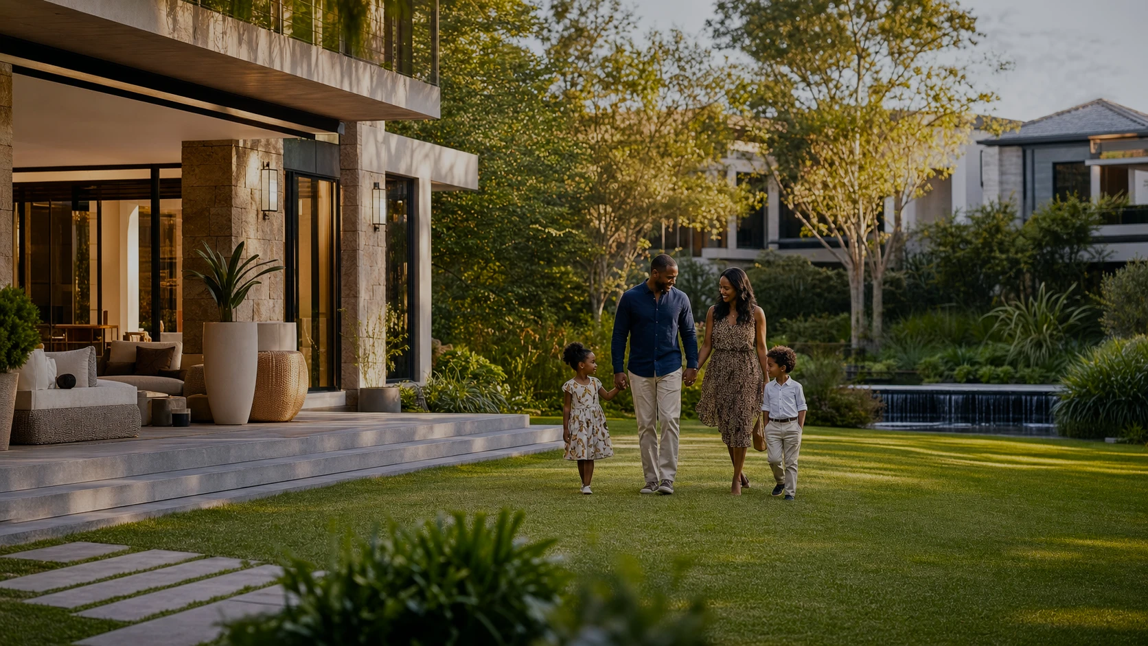 A family on the lawn in front of their Manor Ridge home at golden hour