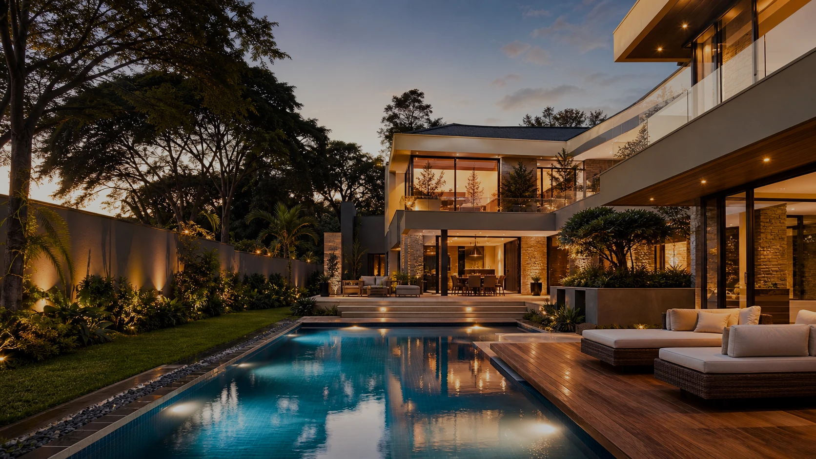 A Manor Ridge residence at dusk, its pool and gardens in the foreground, concept render