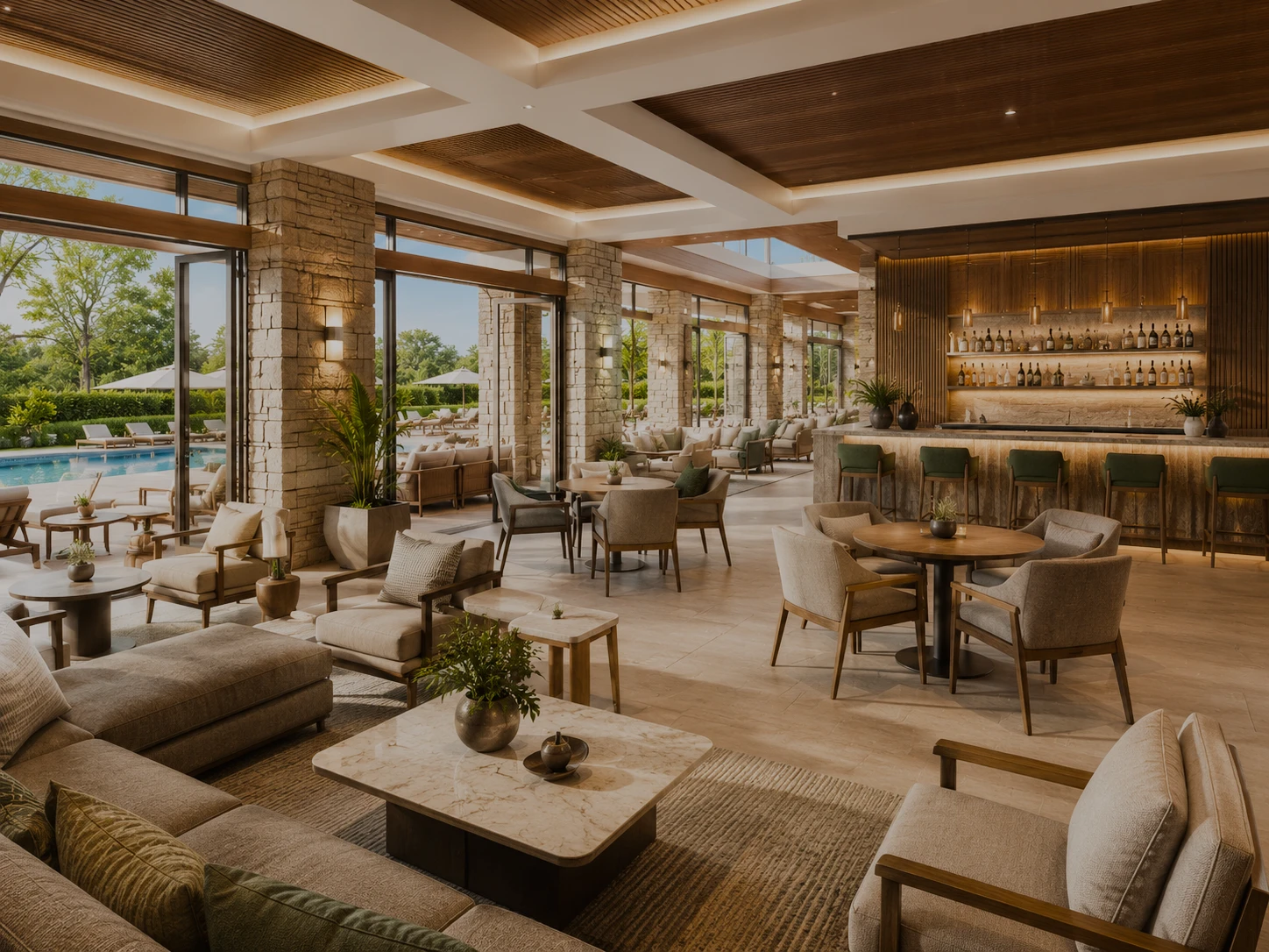 The residents' lounge and bar inside the clubhouse