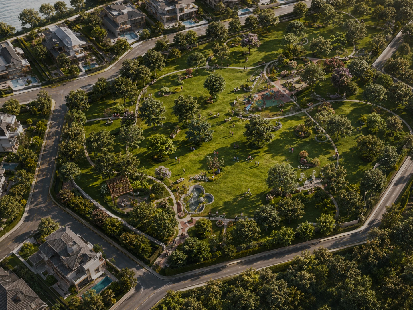 Aerial view of the recreation park ringed by homes