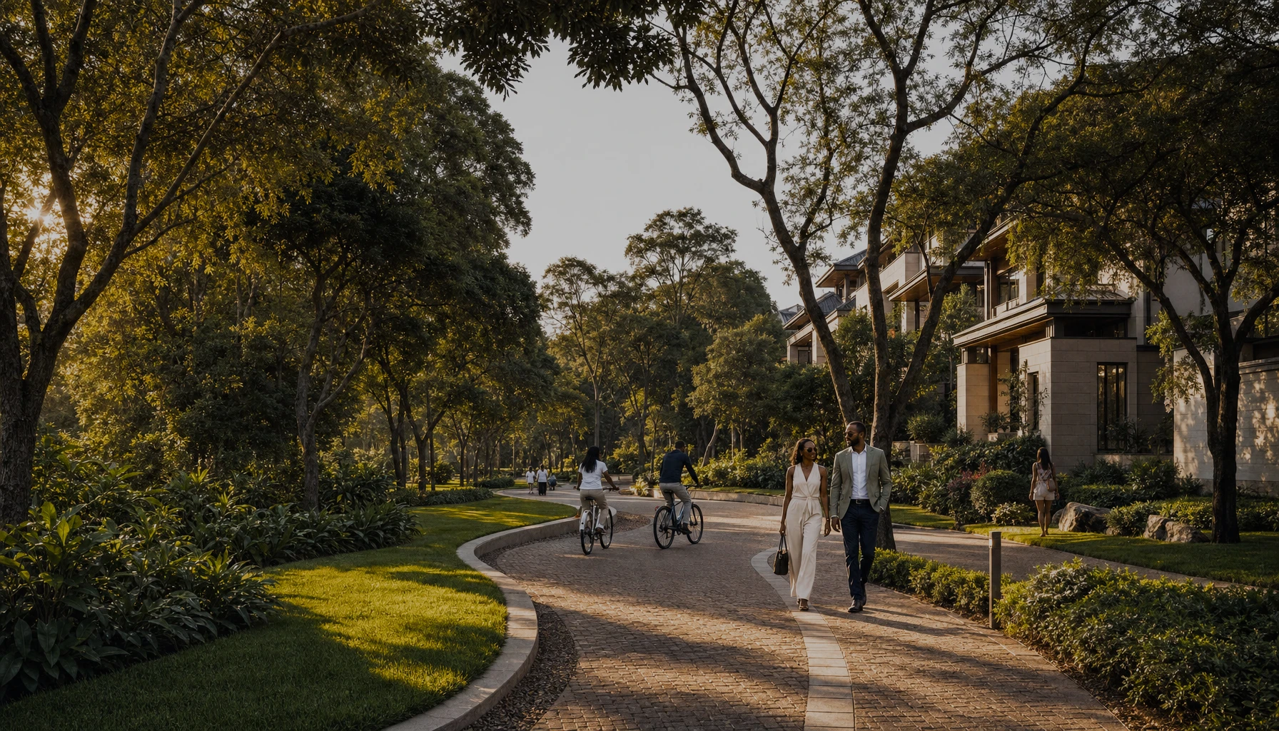 Residents walking the tree-lined green reserve path