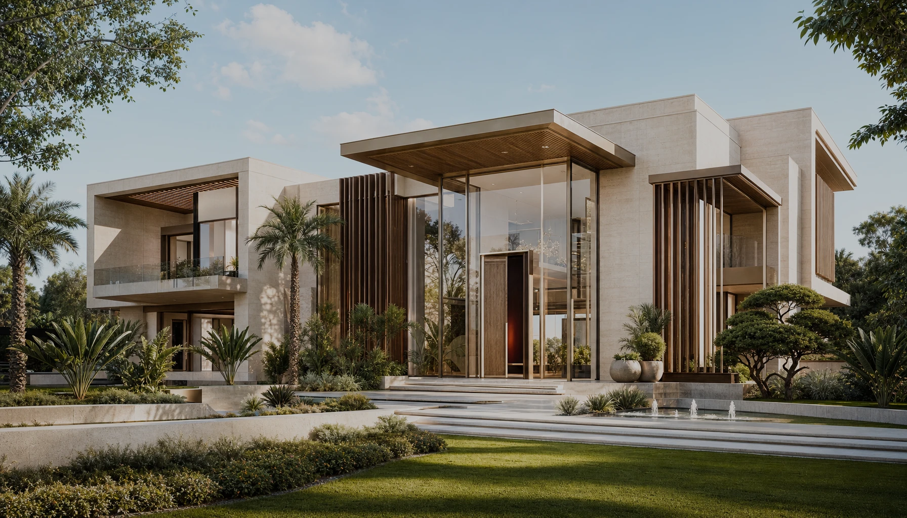 A travertine and timber villa in full daylight on its quarter-acre