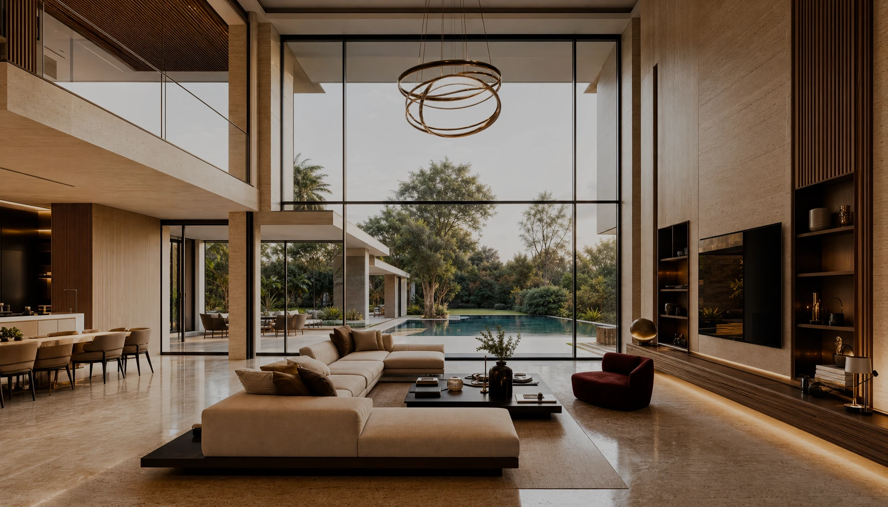 Double-height living room with a bronze chandelier and pool view