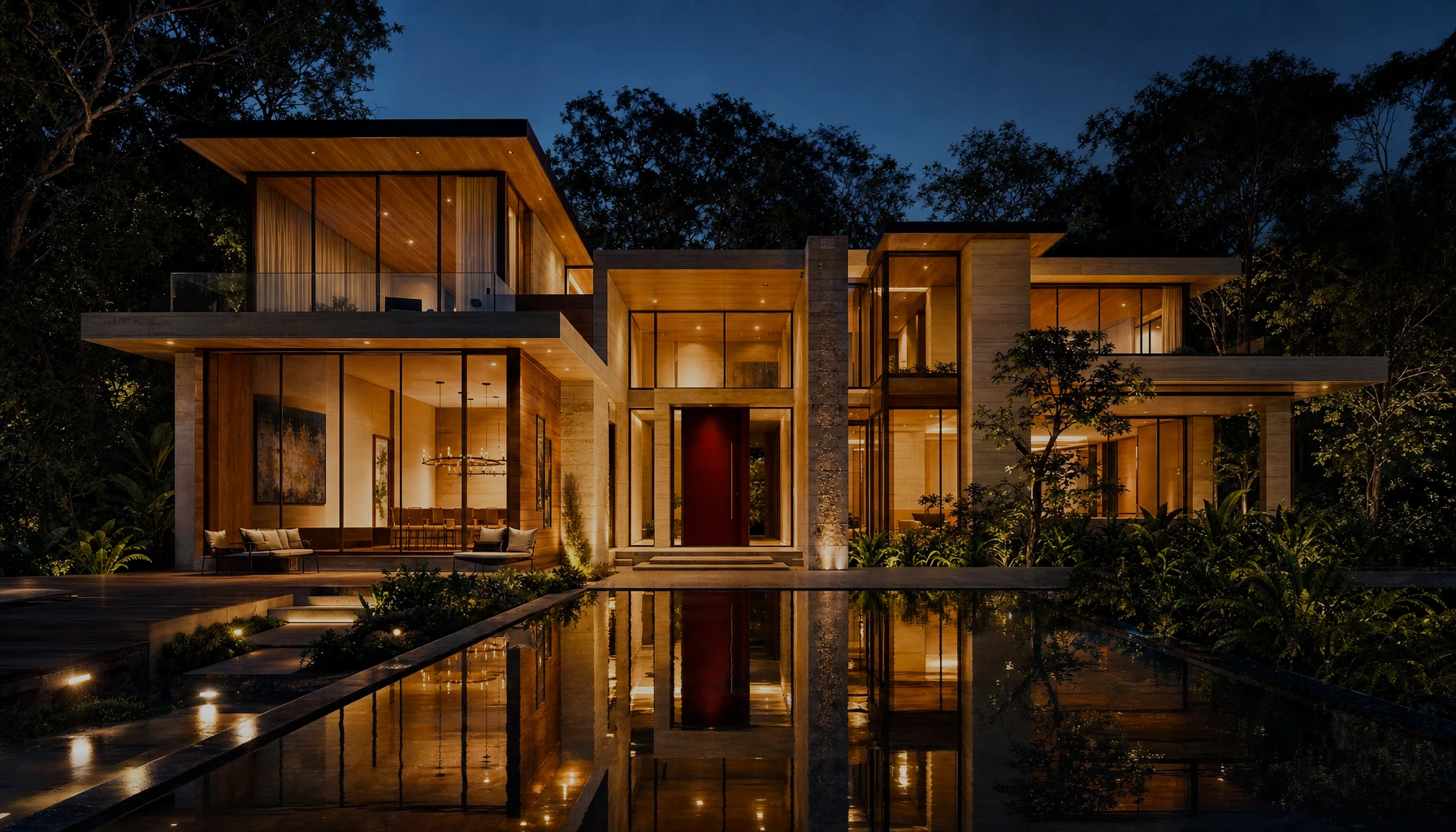 A Manor Ridge villa at nightfall, its windows warm above the gardens, concept render