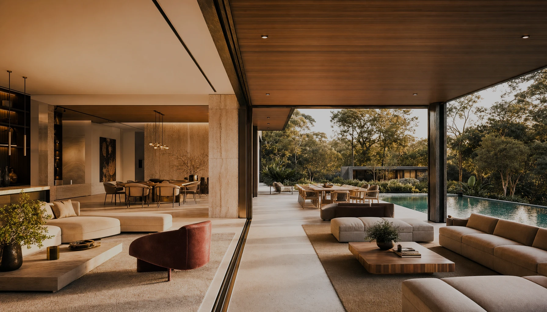 Indoor-outdoor terrace opening to the pool and forest