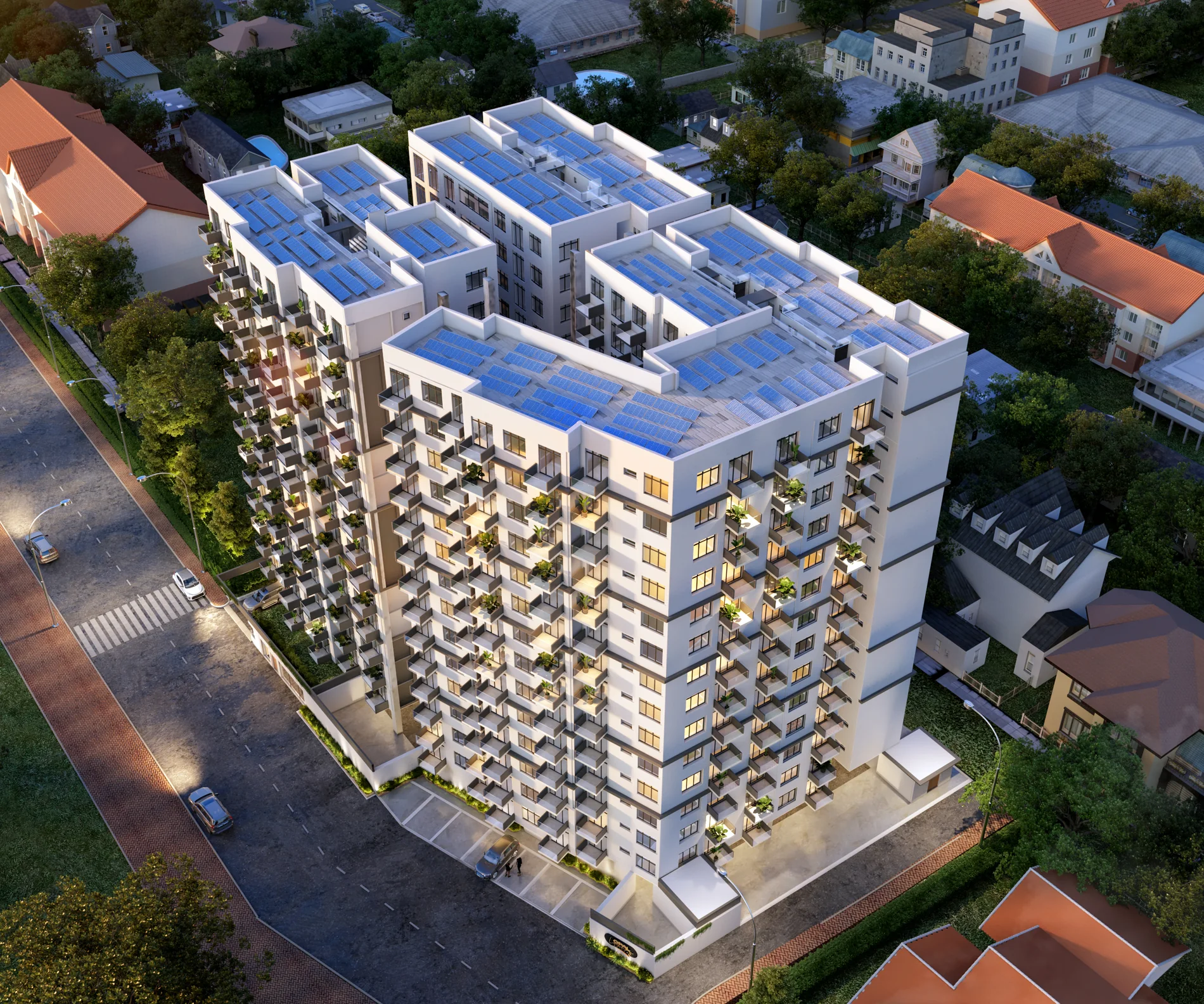 Aerial view of Opal Suites showing the solar rooftop