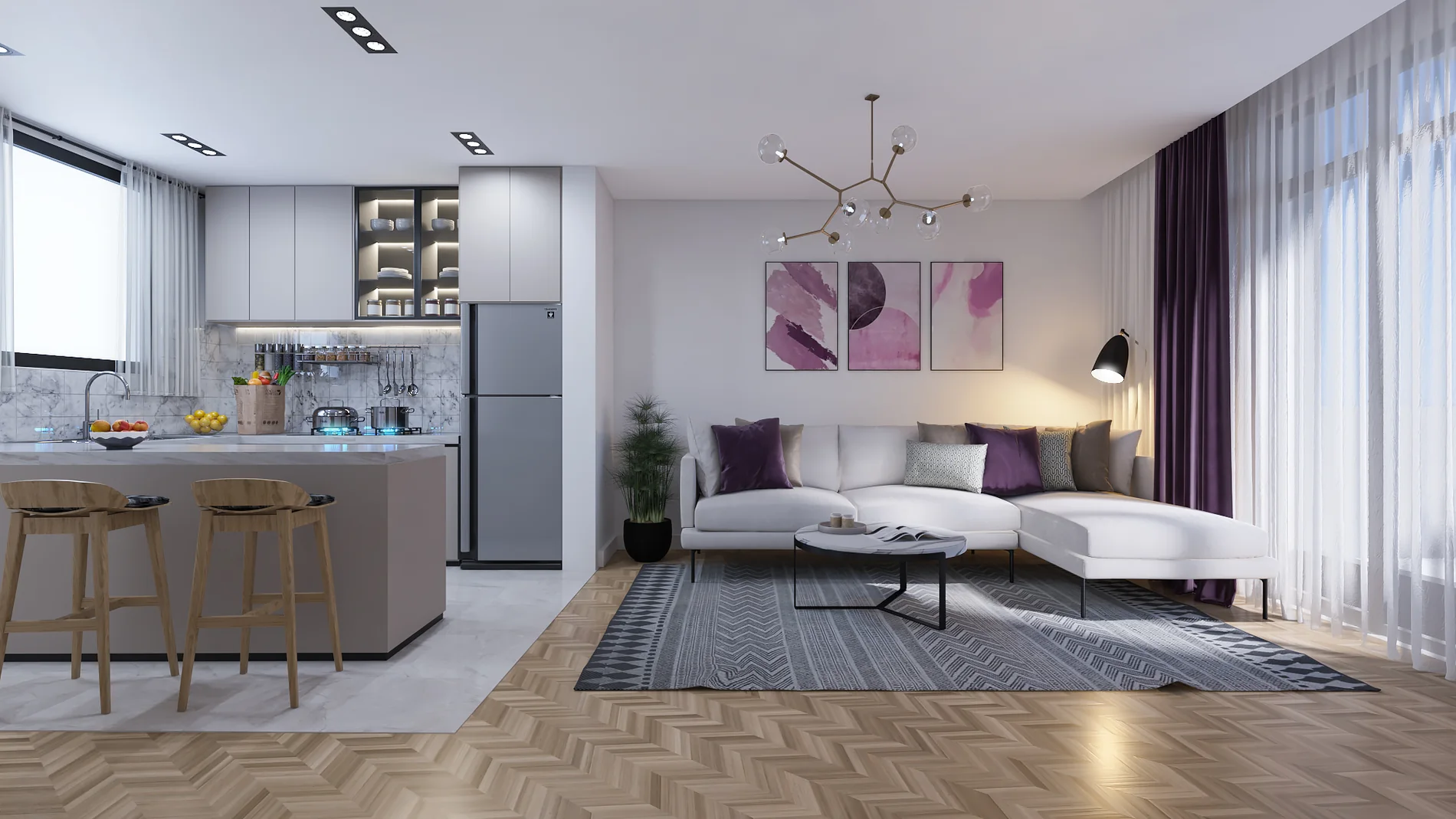 Open-plan corner living room and kitchen at Opal Suites